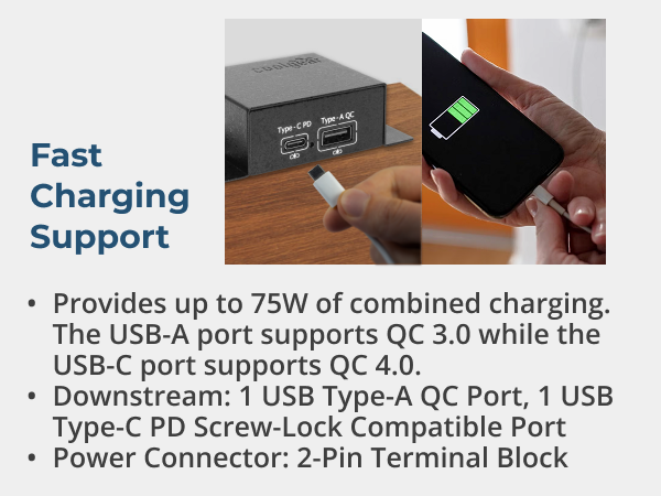 High-speed USB-C PD charger and USB-A QC 3.0 port providing up to 75W output for rapid tablet