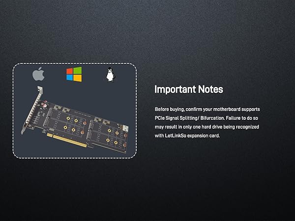 LetLinkSo Gen5 PCIe 5.0 x16 M.2 Expansion Adapter Card 4 Ports NVMe SSDs M Key