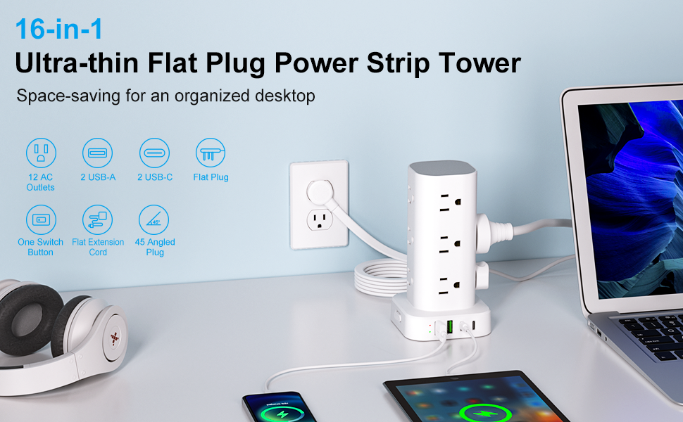 power strip tower surge protection extension cord flat plug 6ft 10ft multiple outlet multi 12 ac