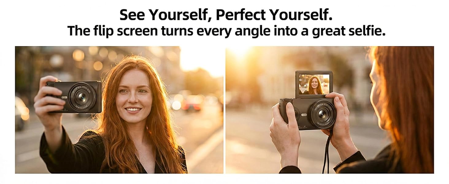 Text reads 'See Yourself, Perfect Yourself. The flip screen turns every angle into a great selfie.' Camera demonstration showing flip screen functionality.