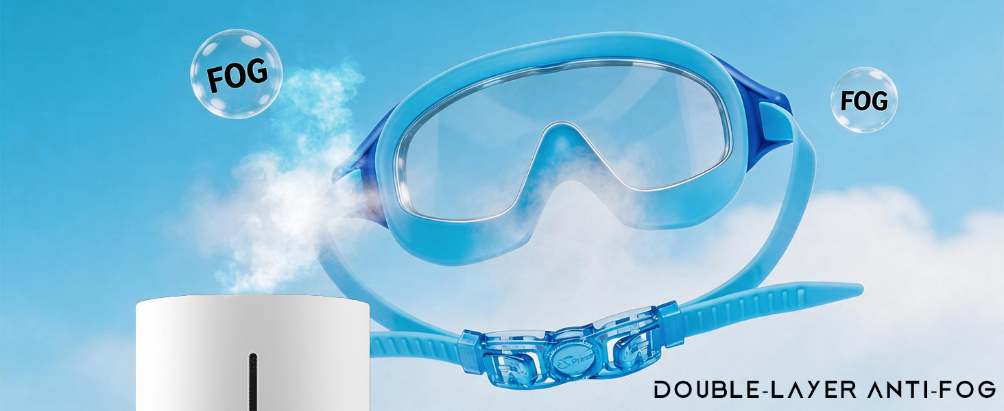 Text reads "DOUBLE LAYER ANTI-FOG". Blue snorkel set with mask and breathing tube displayed against sky background.