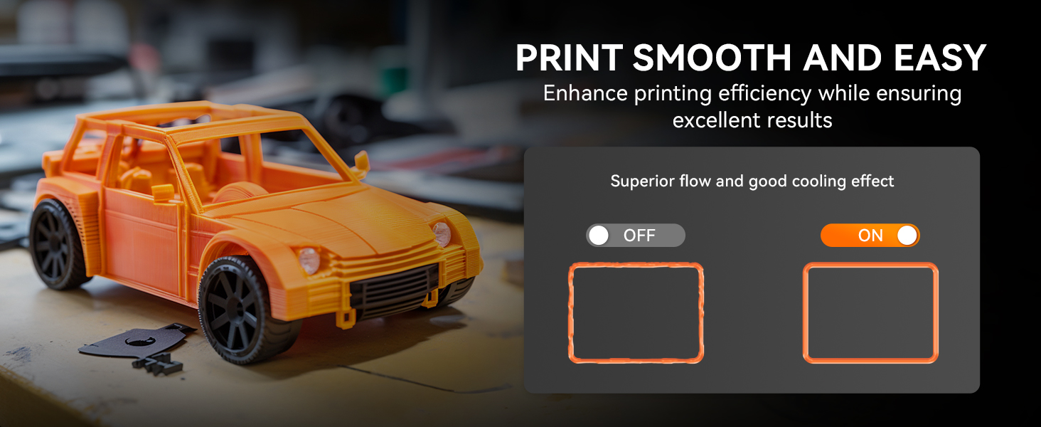 Printing product advertisement showing an orange toy car model, with text highlighting smooth and easy printing capabilities and superior print quality.