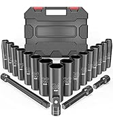 1/2 '' Impact Socket Set, 20 Piece 6 Point Impact Set, Metric Sizes (9-24mm) Socket Set with 3" 5...