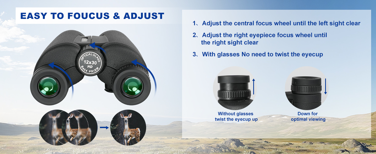 12X30 Center Focus Zoom Binocular with Swivel-up eyepiece Cover Binocular with Glasses