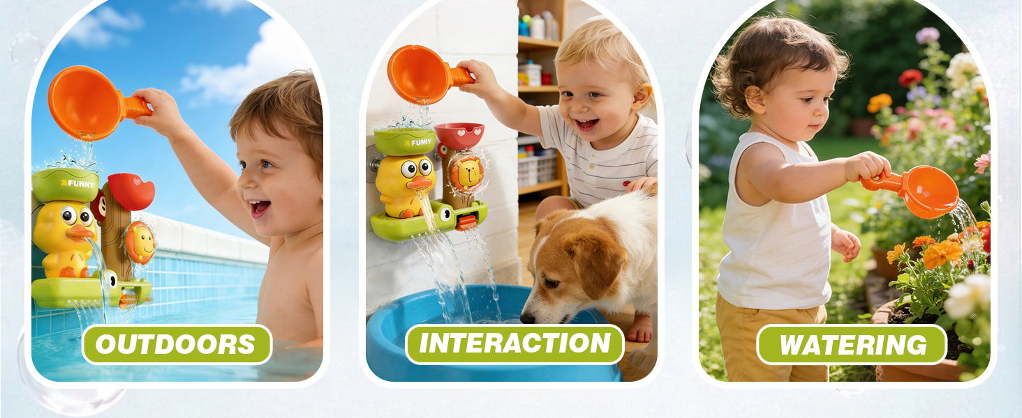 Exploring fun with bath toys – play anywhere outdoors, watering and interactive play for toddlers.