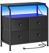 HOOBRO Nightstand with Charging Station, End Table with LED Light Strip, Night Stand with 4 Non-W...