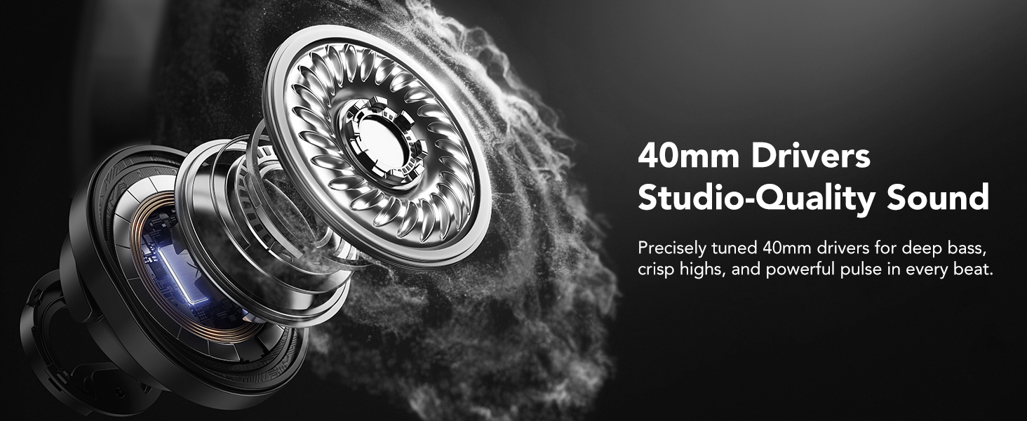 Text reads '40mm Drivers' and 'Studio-Quality Sound'. Technical product illustration showing audio driver components with smoke effect on black background.
