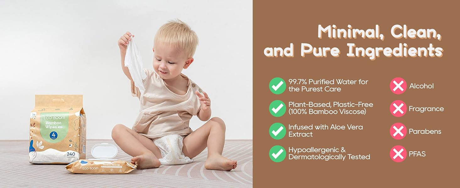Pure 99.7% water bamboo wipes, alcohol-free and plastic-free tissue for sensitive newborn care.
