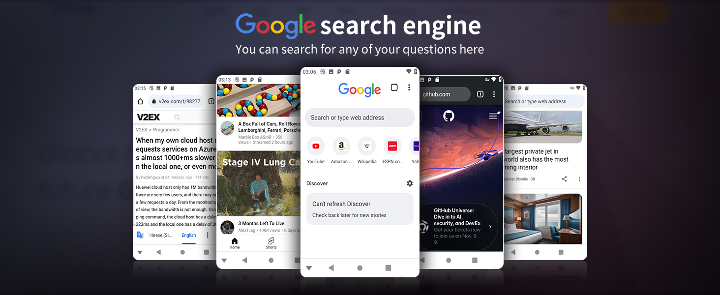 Multiple smartphone screens displaying various Google search engine interfaces and results, showcasing different features and layouts of the mobile search application.