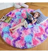 Amdrebio Hot Pink Rainbow Round Circle Area Rug 4Ft for Girls Bedroom, Fluffy Cute Fuzzy Colorful...