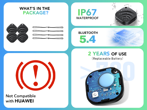 Text shows: 'WHAT'S IN THE PACKAGE?', 'IP67 WATERPROOF', '5.4', 'BLUETOOTH', '2 YEARS OF USE', 'Not Compatible with HUAWEI'. Technical specification display for electronic device.