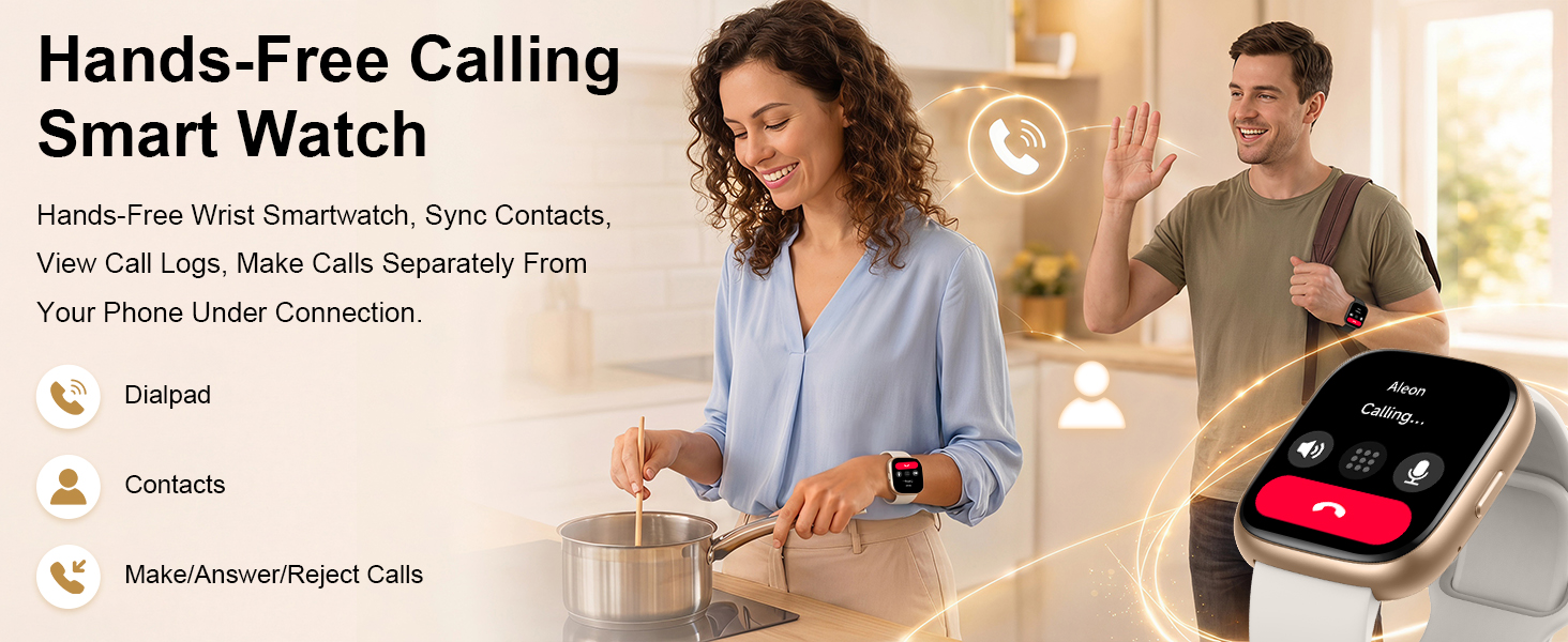 Text reads 'Hands-Free Calling Smart Watch' with features listed: 'Inside Bluetooth Calling &amp; Sync Contacts, Blood Pressure Monitor, Heart Rate Monitor, Voice Dialing Under Conversation.' Image shows woman using smartwatch indoors and close-up of watch display.