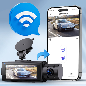 Smartphone displaying car dashcam footage next to Wi-Fi icon. Image showcases wireless connectivity feature of a dashcam system.