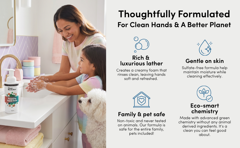 Foaming Hand Soap 14oz bottle on sink with mom and child washing hands