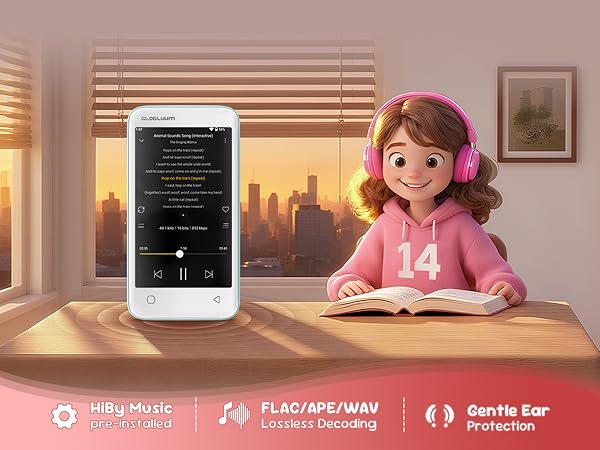 Kids’ MP3 player with HiBy Music, lossless audio support, and gentle ear protection