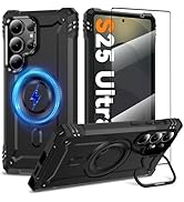 Magnetic Case for Samsung Galaxy S25 Ultra [Built-in Camera Ring Kickstand] [Screen Protector] [C...