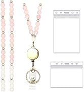 Retractable Lanyards for ID Badges and Keys, Pink Fashion Beaded Lanyard, Natural 3.0 Stone Beade...