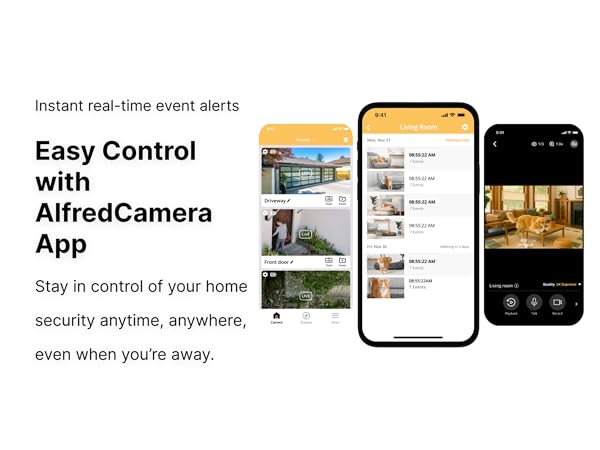 AlfredCamera app on smartphones showing live view, event alerts, and home security controls.