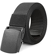 Black nylon tactical belt with plastic buckle closure. Features adjustable woven webbing design and flat matte finish buckle without metal parts.