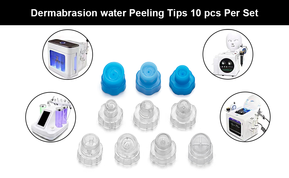 Dermabrasion water peeling tips set of 10, including blue and clear plastic attachments, with images of a machine and its components.