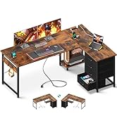 AODK L Shaped Desk with 4 Tier Drawers, 61" Reversible Gaming Desk with Power Outlets, L Shaped C...