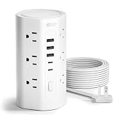 SUPERDANNY Tower Power Strip, 10Ft Extension Cord, 1700J, 12 AC 5 USB,White | 3 USB A, 2 USB C, S...