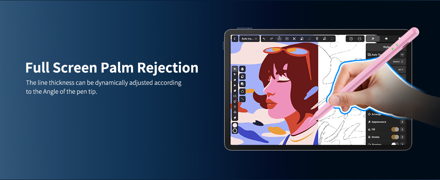 Full-screen palm rejection – Draw naturally; line thickness changes with pen tip angle.