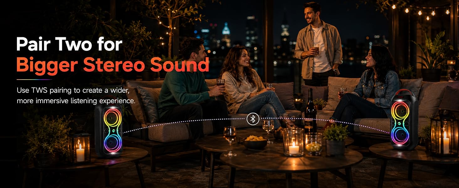 Pair two speakers with TWS function to get a true stereo audio sound