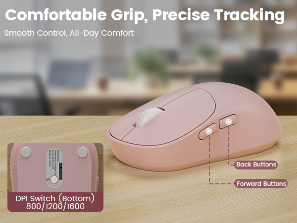 wireless mouse showing DPI switch 800 1200 1600 with forward and back buttons for precise tracking