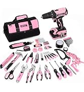 SHALL 247Pcs 20V Cordless Drill Driver &amp; Household Tool Kit for Women, Pink Electric Power Drill ...