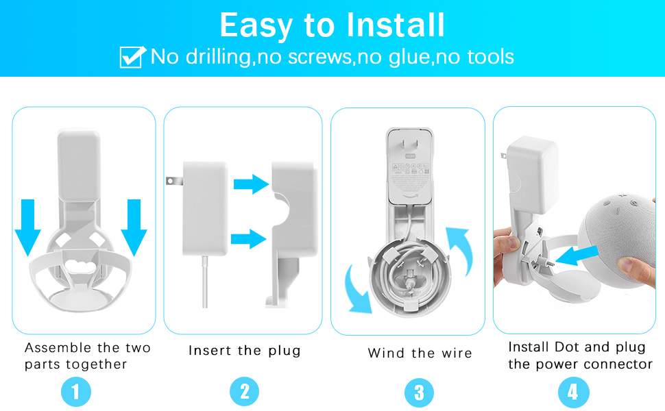 Installation guide for a device, showing four steps: assembling parts, inserting plug, winding wire, and connecting power. Emphasizes easy installation without tools.
