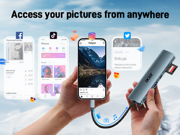 Portable data storage device being connected to smartphone, demonstrating cross-platform photo access across multiple social media and photo apps.