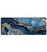 Bright Blue Gold Marble Mouse Pad, Desk Mat with Seamed Edges and Non-Slip Base, Thin Extended Co...