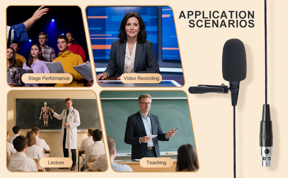 Text reads 'APPLICATION SCENARIOS.' Composite showing four scenes of people in professional settings using a microphone device. Black lavalier microphone with connector cable displayed on right side.