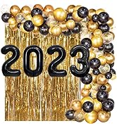 2023 Balloons Black, Black and Gold Balloons Garland Arch Kit with Metallic Black Fringe Curtain ...