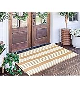 Khaki and White Striped Outdoor Rug 24'' x 51''Outdoor Front Porch Rug Hand-Woven Machine Washabl...