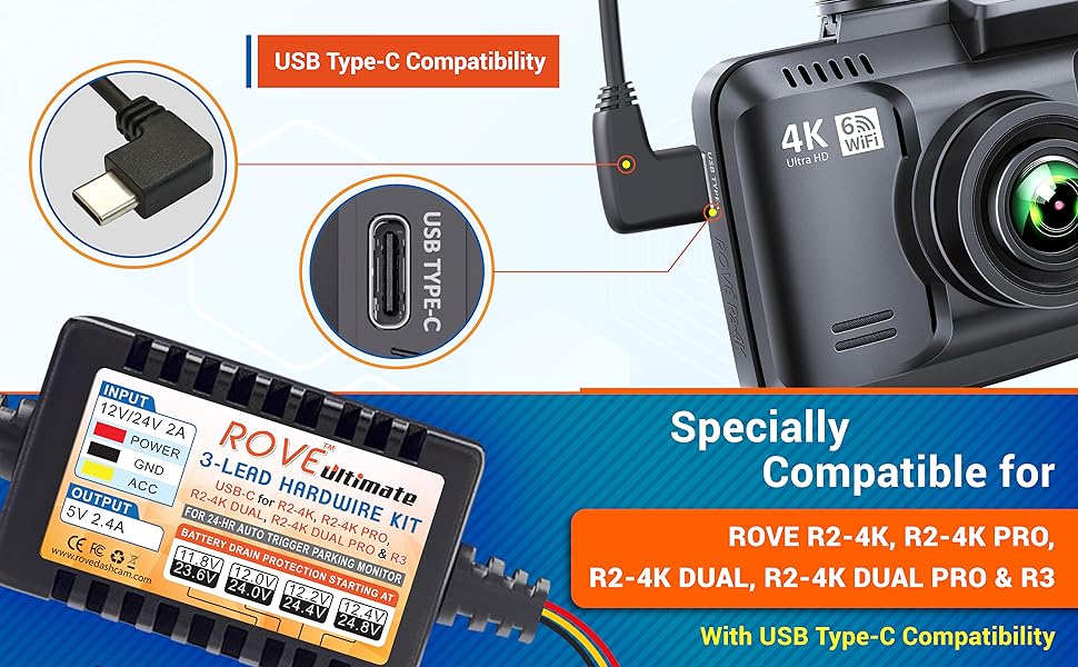 dash cam hardwire kit for rove r2, r2 pro, r2 dual, r3 3-lead hwk