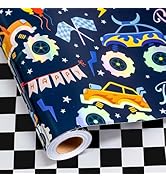 MAYPLUSS Monster Truck Wrapping Paper Roll, Reversible Checkered Flag Birthday Gift Wrap, Perfect...