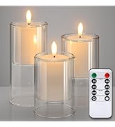 NURADA Flameless Candles with Remote Timer - Glass Real Wax 3D Wick LED Pillar Votive Candle Set ...