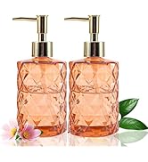Orange Glass Soap Dispenser Set with Gold Pump,2 Pack 12 Oz Bathroom Countertop Soap Dispensers,R...