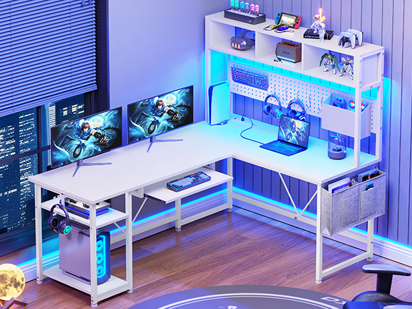 SEDETA White L Shaped Office Desk, Corner Computer Desk 