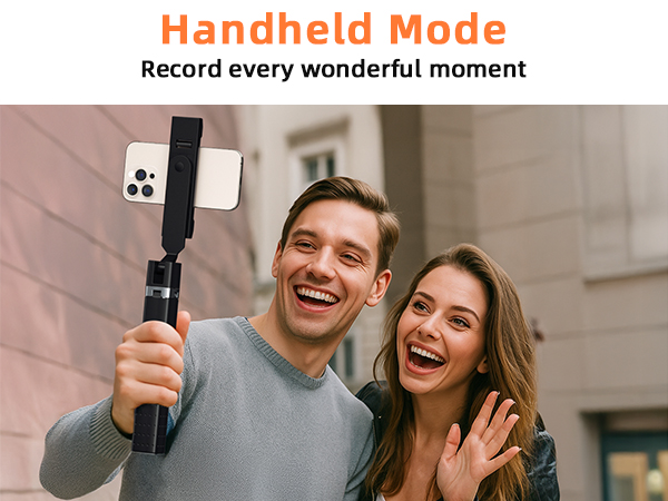 Text reads 'Handheld Mode' and 'Record every wonderful moment'. Series of product images showing handheld camera gimbal stabilizer being used to capture video footage.