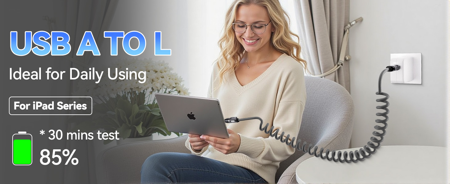 Text reads 'USB A TO L', 'Ideal for Daily Using', 'For iPad Series', '30 mins test', '85%'. Product advertisement showing charging cable usage with device.