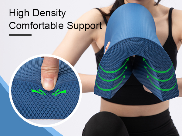 Blue foam support pillow with high-density comfortable support. Close-up shows textured surface with green arrow pattern indicating flexibility.
