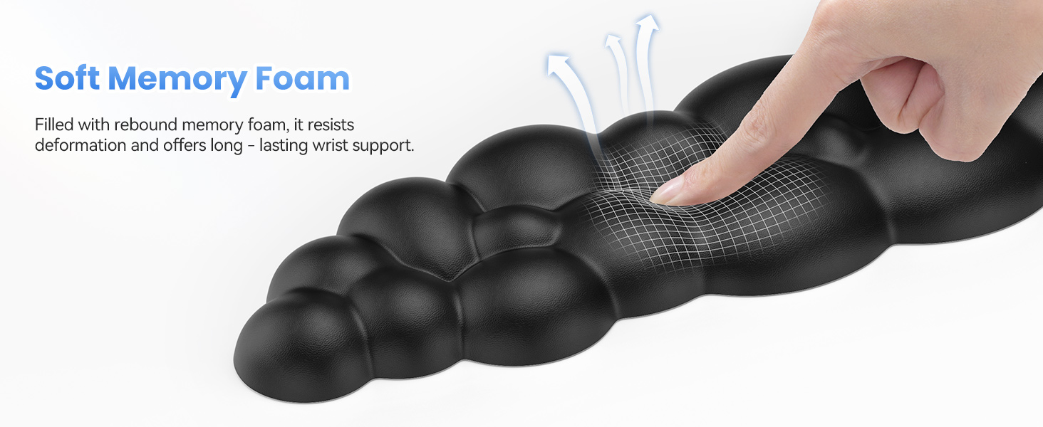 Black ergonomic memory foam cushion with bubble-like protrusions. Hand demonstrating its soft, moldable texture. Text describes it as 'Soft Memory Foam' for comfort and support.
