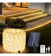 OMIKA 50ft 600 LEDs Solar Rope Lights, USB Charging, 20 Lighting Modes, Dimmable Timer Remote Con...