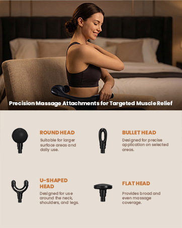 Massage gun head attachments for targeted muscle relief — round, bullet, U-shape, flat.