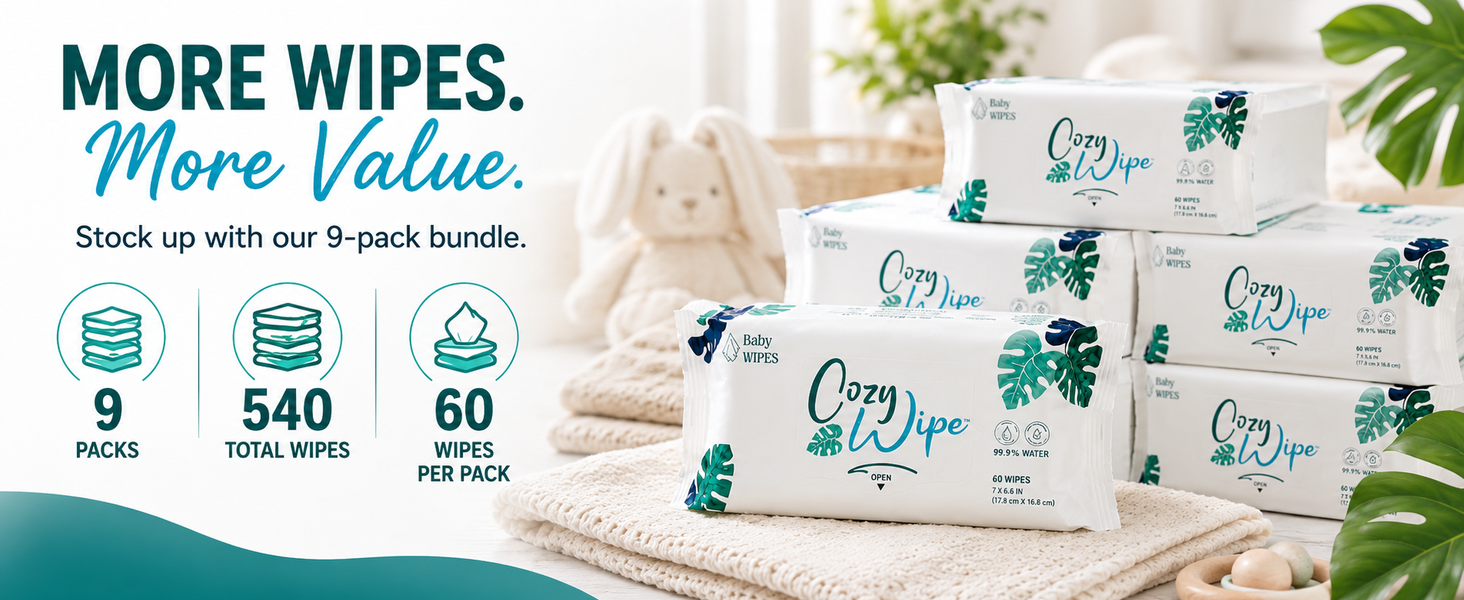 Cozy Wipe 9-pack bundle with 60 wipes per pack and 540 total baby wipes.
