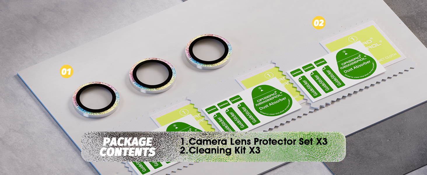 Text reads 'PACKAGE CONTENTS' followed by product components listing. Close-up view of camera lens protection kit packaging with green accent graphics.