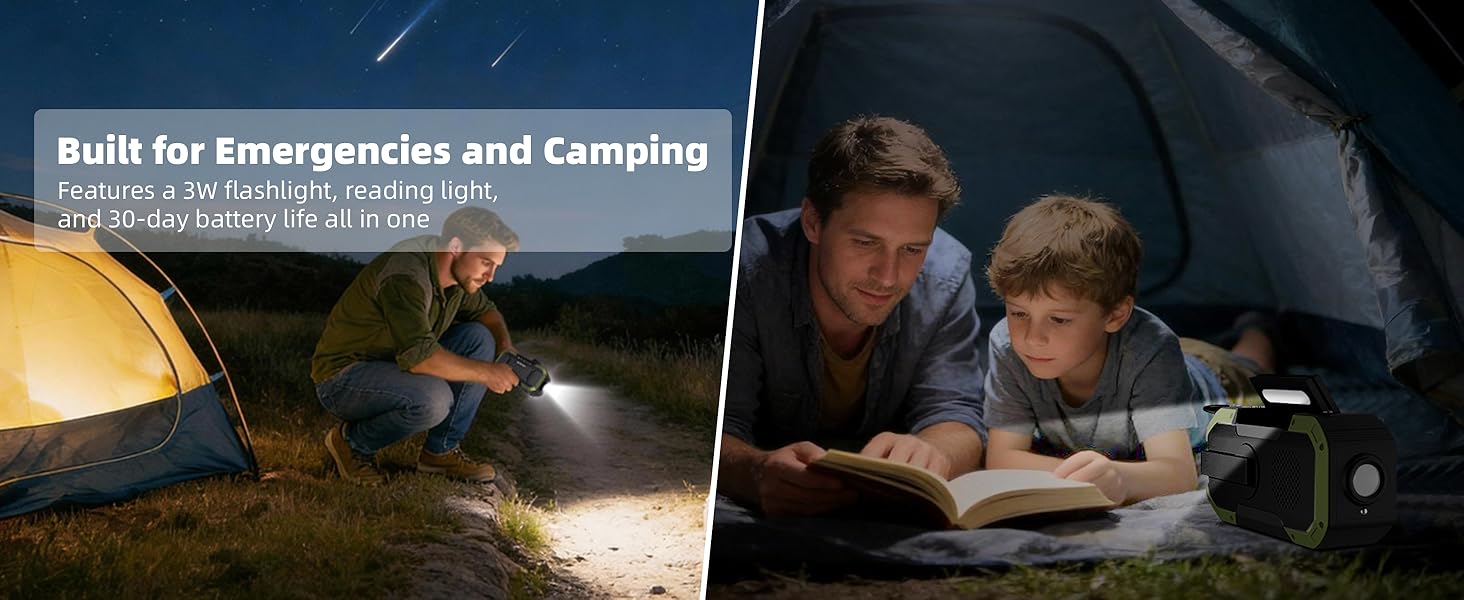 Equipped with a 3W flashlight and reading light, it offers up to 30 days of battery life